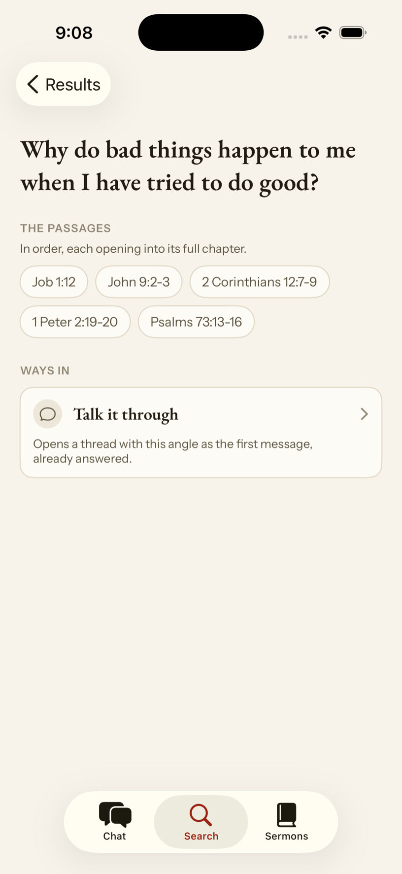 An opened angle in Sojourn, listing its passages and offering to talk the question through