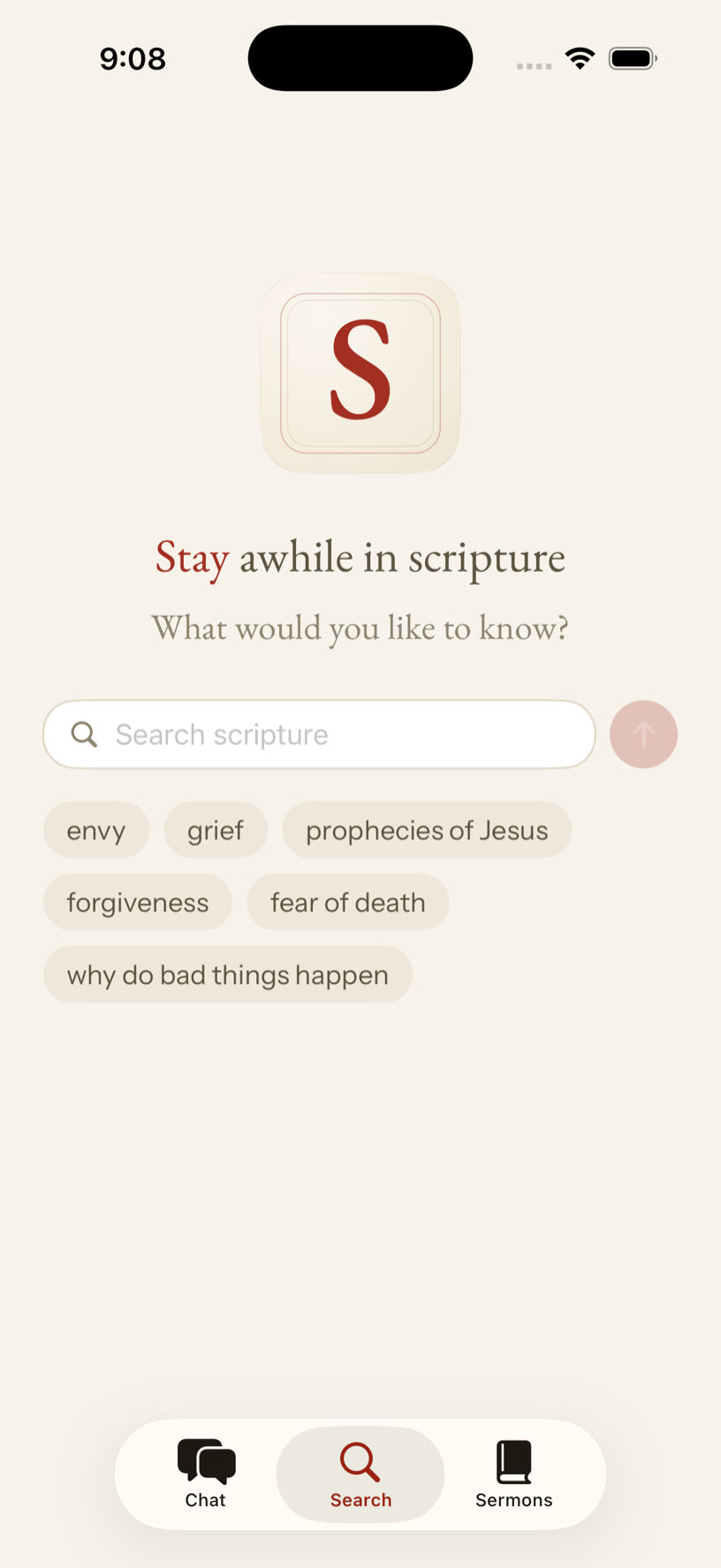 The Search tab in Sojourn, with a scripture search field and starter chips like envy, grief and prophecies of Jesus
