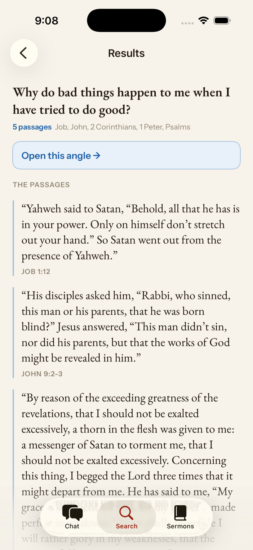 Search results in Sojourn, showing a question with its passages quoted in full beneath it
