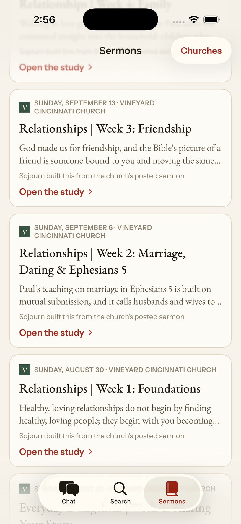 The Sermons tab in Sojourn, showing a church's weekly studies
